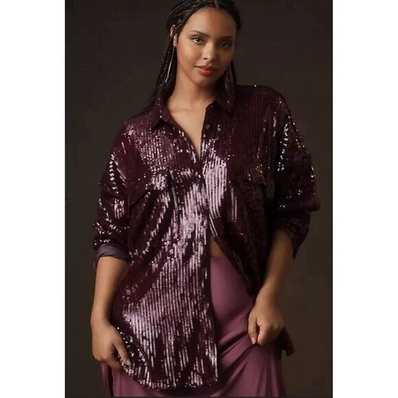 Anthropologie Pilcro Top Women Size M Burgandy Sequin Swiftie Button Oversize - Picture 1 of 13